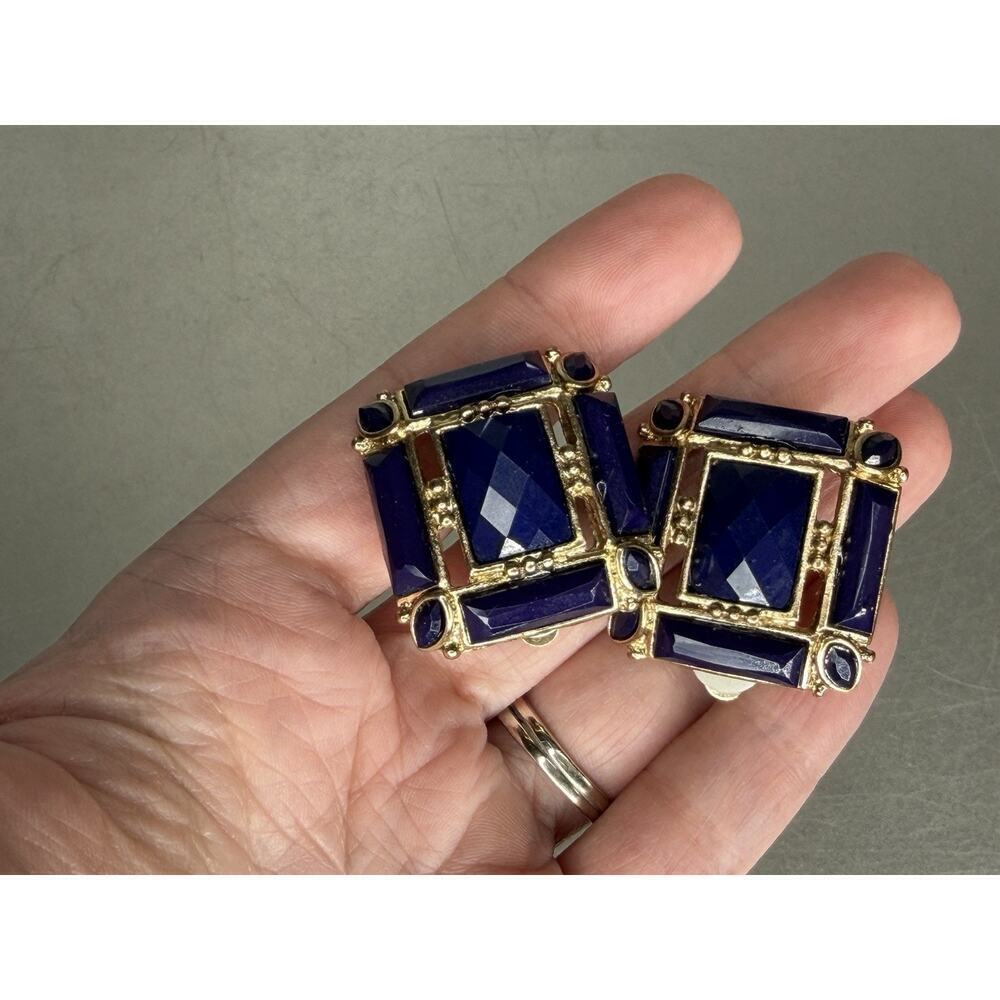 Vintage Chunky Gold Square Blue Clip On Earrings 1980s Faceted